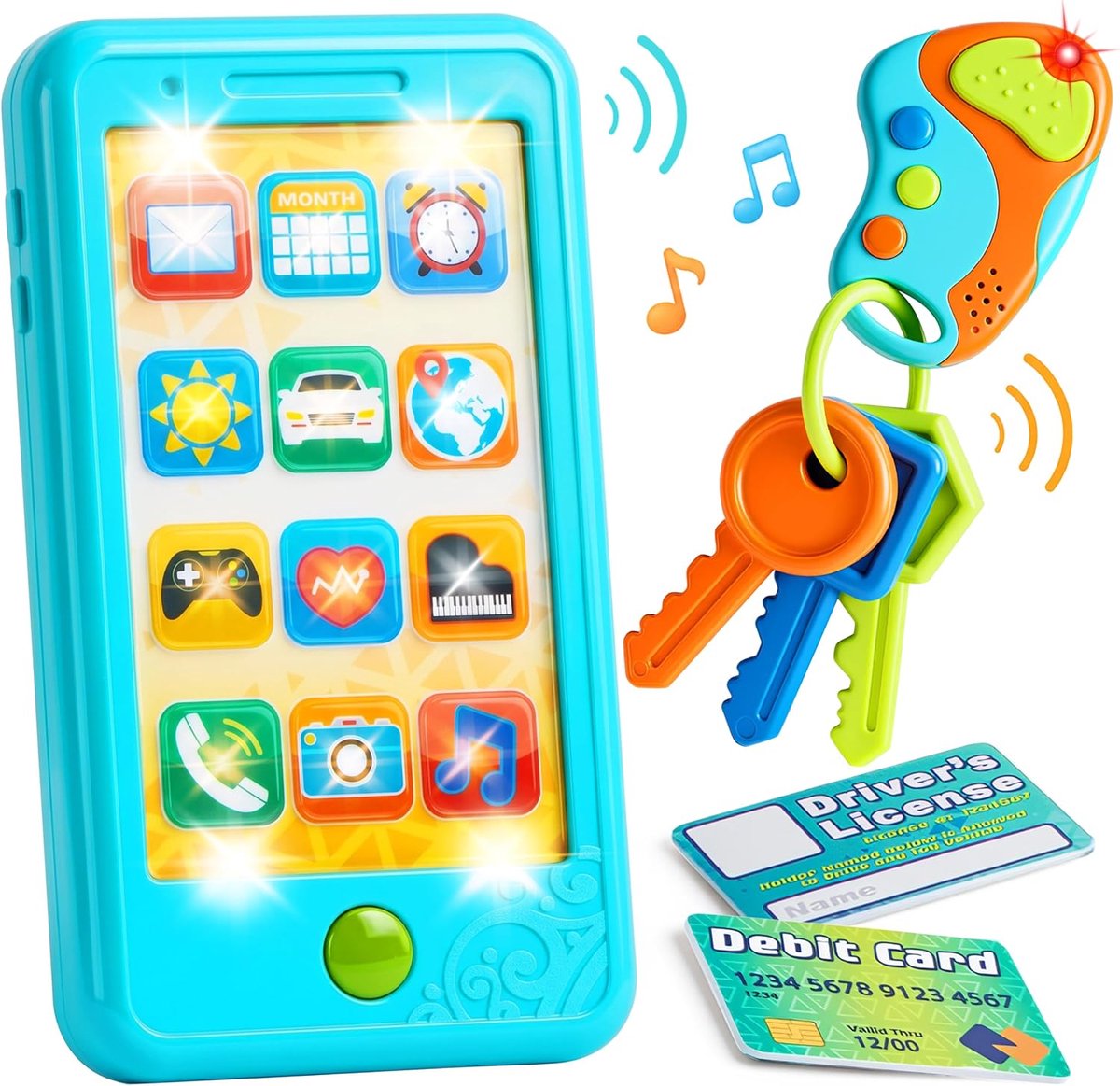 Speelgoedtelefoon voor kleine kinderen, blauw speelgoed, telefoonset, keyfob sleutel speelgoed en creditcardset, kinderen mobiele telefoon speelgoed, meisjes en jongens, verjaardagscadeau voor 1