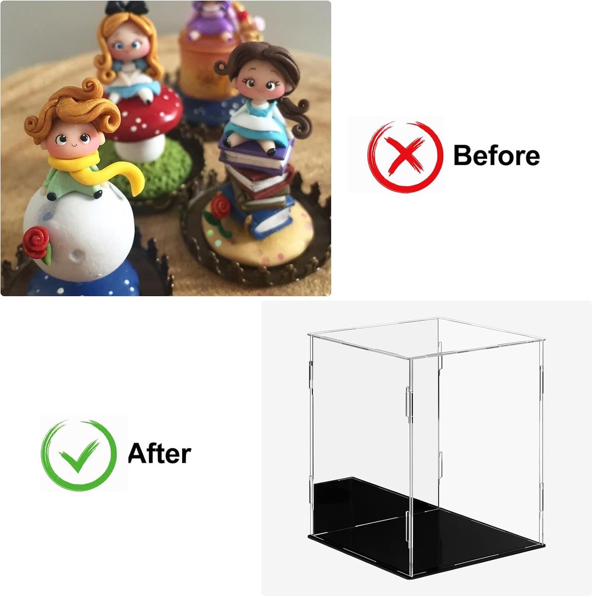 Vitrinekast van acryl met zwarte basis, monteerbaar aanrecht, transparant, acryl, stofdichte bescherming, showcase voor actiefiguren, speelgoed, verzamelobjecten, thuisopslag (20 x 20 x 25 cm)