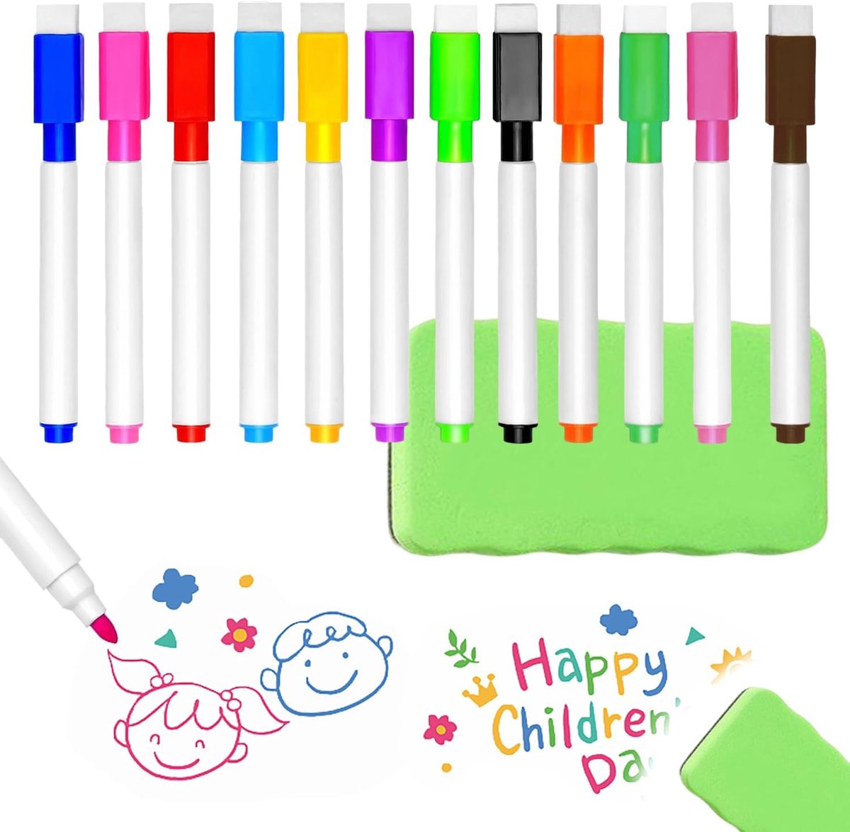 SnelShoppen - Pack van 12 Whiteboard Markers + 1 Whiteboard Gum, Kleurrijke Magnetische Whiteboard Stiften, Fijne Punt, Voor Kantoor, School, Thuis, e