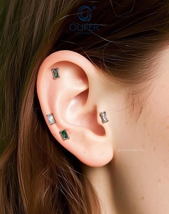 16G Sieraden Helix Zonder Draad Chirurgisch Staal 316L Oorpiercing Kraakbeen Transparant/Groen Rechthoek CZ Oorbel Tragus Lip Stud voor Vrouwen 6/8 mm — afbeelding 5