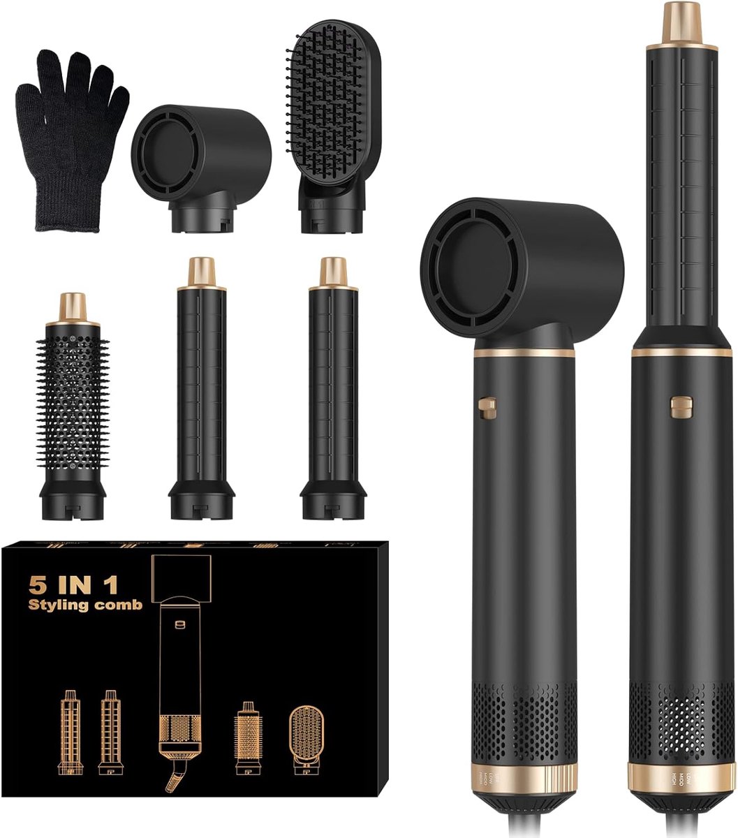 5-in-1 haarstyler, Airbrush Pro 1000 W, 60.000 tpm föhnborstel, haarstyler, krultang met lucht links/rechts, negatieve ionenverzorging, voor volume, krullen en föhnen