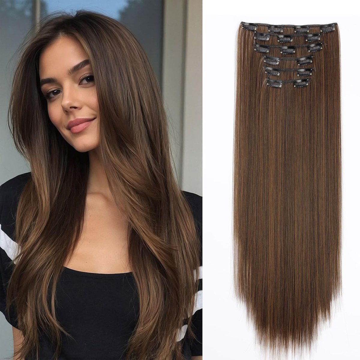 Clip In Extensions Zoals Echt Haar Haarverlengingen Haardeel Glad 6 Delige Set 65cm Hair Extensions Haardeel Lang Recht Voordelig Haarverdikking Synthetisch Donkerbruin Mix Auburn