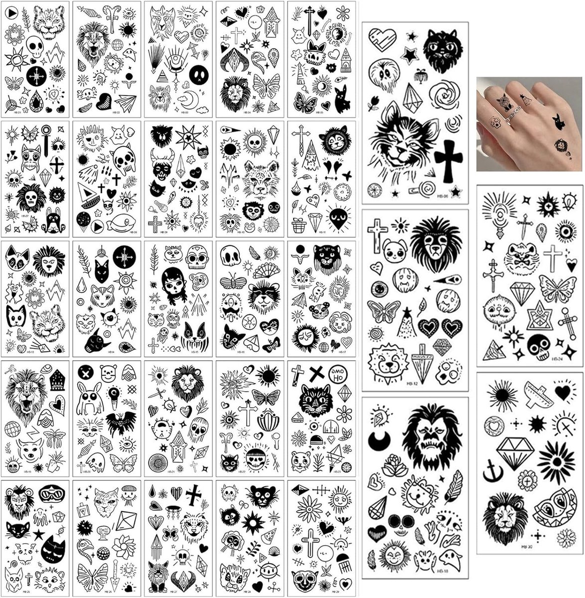 Tijdelijke Tatoeages Voor Vingers Waterdichte Kleine Nep Tattoo 3D Realistische Skelet Kruis Symbolen Tatoeage Bloem Tatoeage Sticker Voor Mannen En Vrouwen, Tatoeage Voor Nek Arm Hand