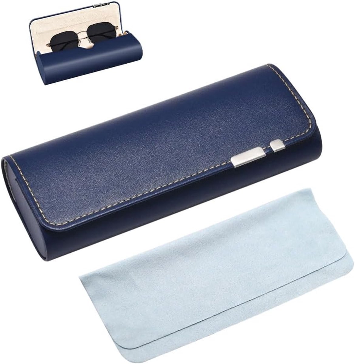 Brillenetui Hardcase, premium lederen brillendoos in elegant donkerblauw, brillenetui zonnebril met magneetsluiting, voor dames en heren, ideaal voor reizen en dagelijks gebruik
