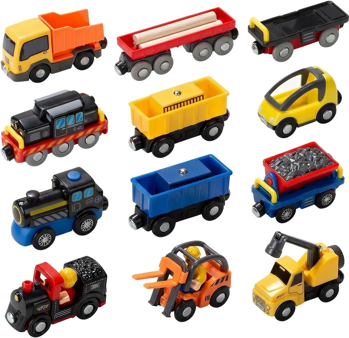 bean 12 voertuigen batterij aangedreven trein auto set accessoires, magnetische mini-bouwset voor houten treinsporen, bulk auto speelgoed voor peuters 3 4 5 jaar jongens meisjes kinderen, past