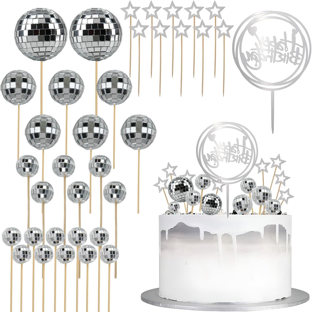 Discobal Decoratie 35 Stuks Zilveren Spiegelbol Taartdecoratie Taarttoppers Plugin Voor Jaren 80 Decoratie Themafeest