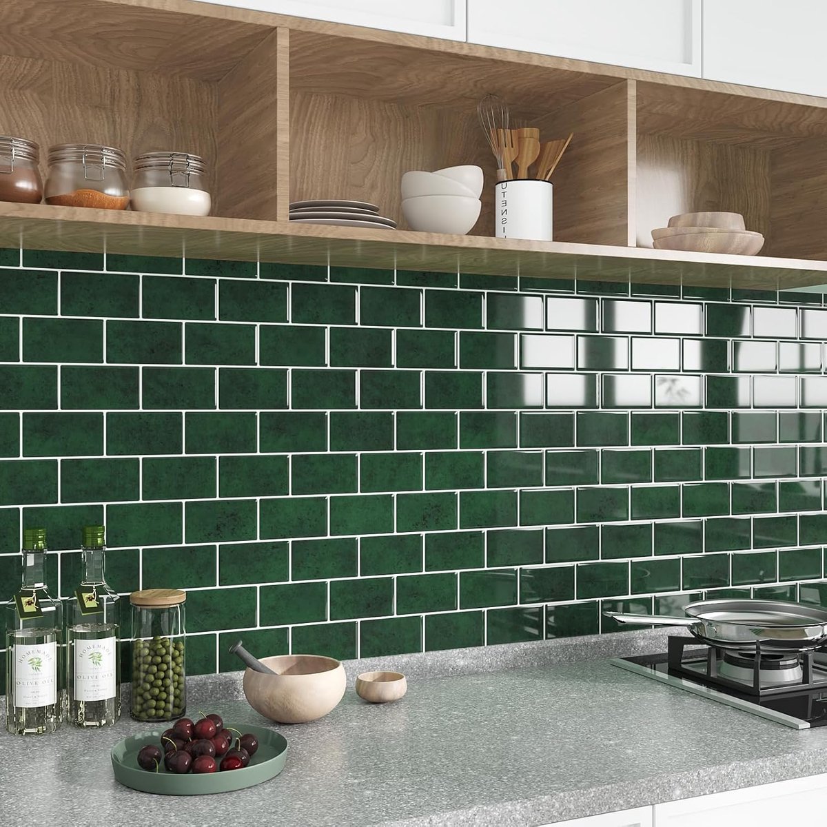 Bosgroene wandtegels, zelfklevende tegelstickers, keuken, achterwand plaktegels, badkamer, groen, keukentegels, overplakken, waterdichte tegelstickers, afneembaar, 30,5 cm × 30,5 cm, 6 stuks