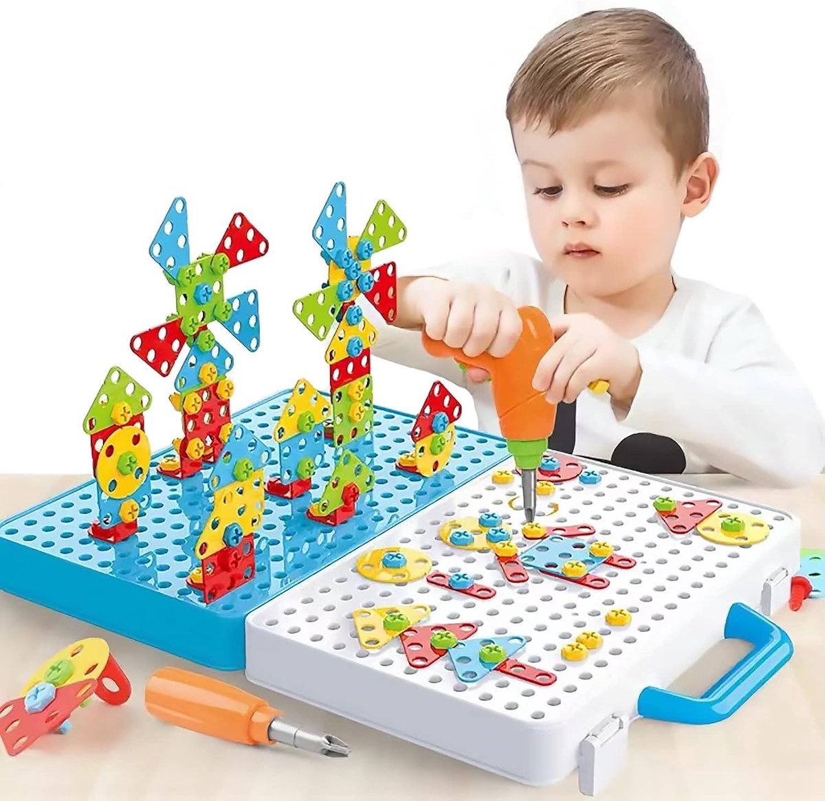miido Montessori-speelgoed met boormachine, pedagogisch creatief speelgoed, speelgoedboormachine, gereedschapskist, kinderen, pegboard, 3D-puzzel, creatief doe-het-zelf gereedschap, steekspellen voor kinderen van 3 jaar