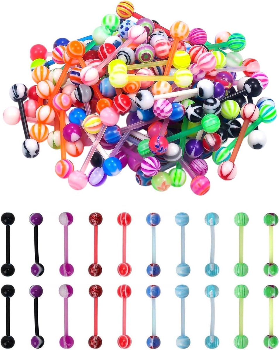 50 Stück Kunststoff Zungenpiercing, 14G Zungenpiercing & Nippelpiercing, 16 mm flexibele Kunststof Piercing, Zungenstang, Brustwarzenpiercing, Zungenpiercing Kunststoff Set für OP & Allergiker