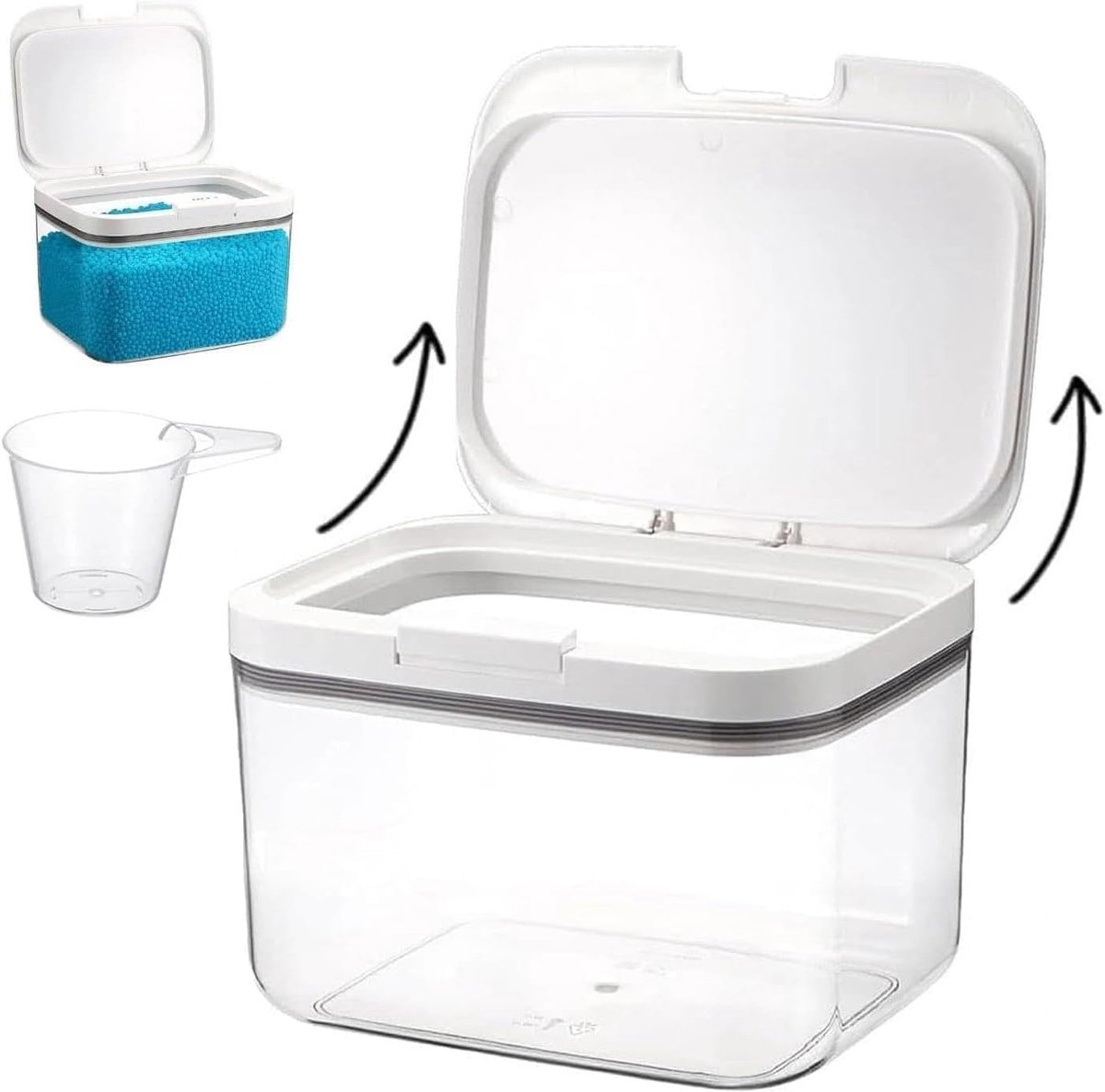 Houder voor waspoeder, dispenser voor wasmiddel, 2,8 l | Inclusief etiket, afwasmiddel dispenser en deksel, geschikt voor wasmiddelcapsules, wasmiddel en meel, transparant wit