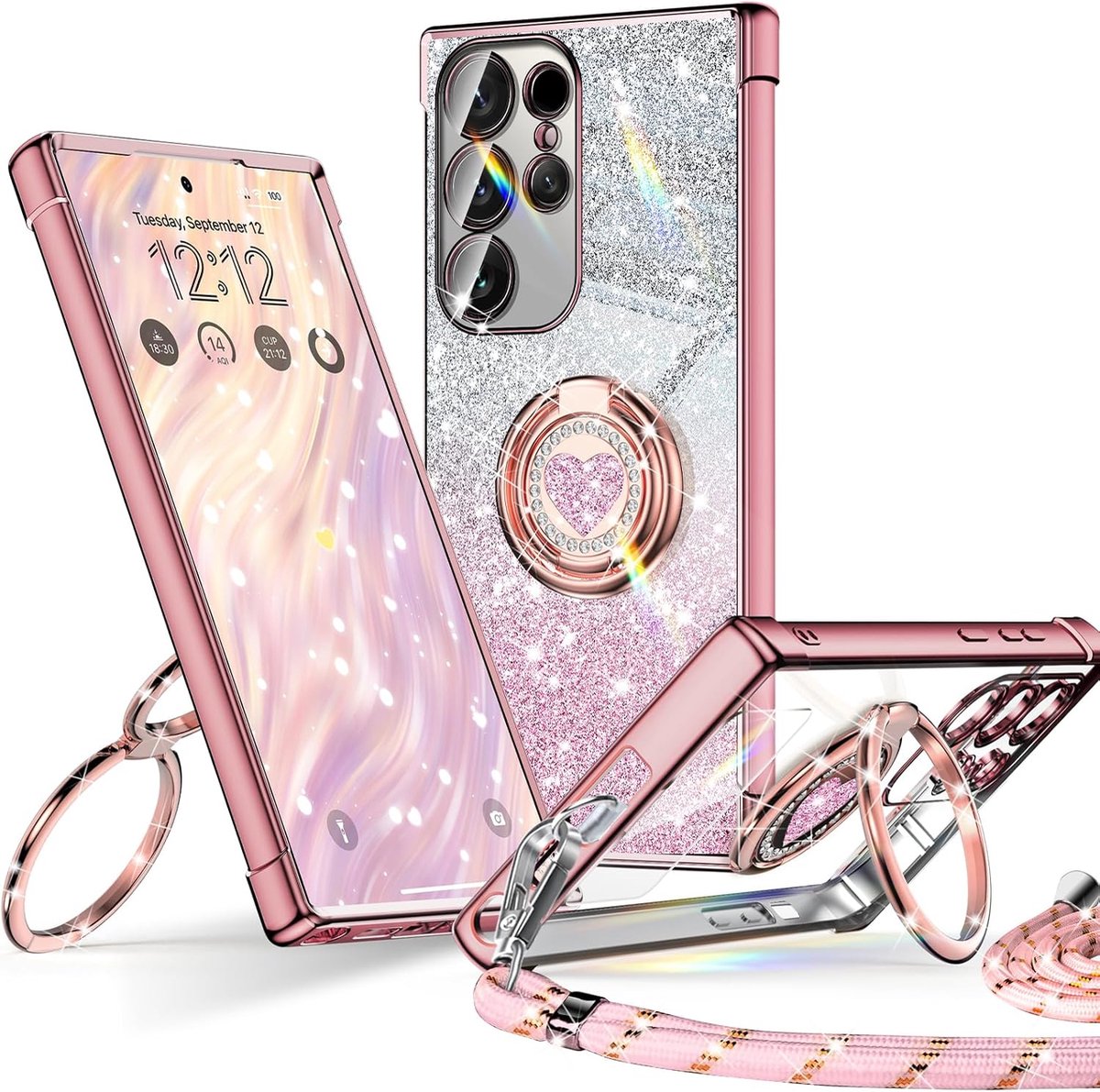 Hoesje met standaard voor Samsung Galaxy S25 Ultra, schattig luxe liefdeshart met sleutelkoord voor vrouwen en meisjes, dubbele ring bling glitter doorzichtig beschermend telefoonhoesje voor