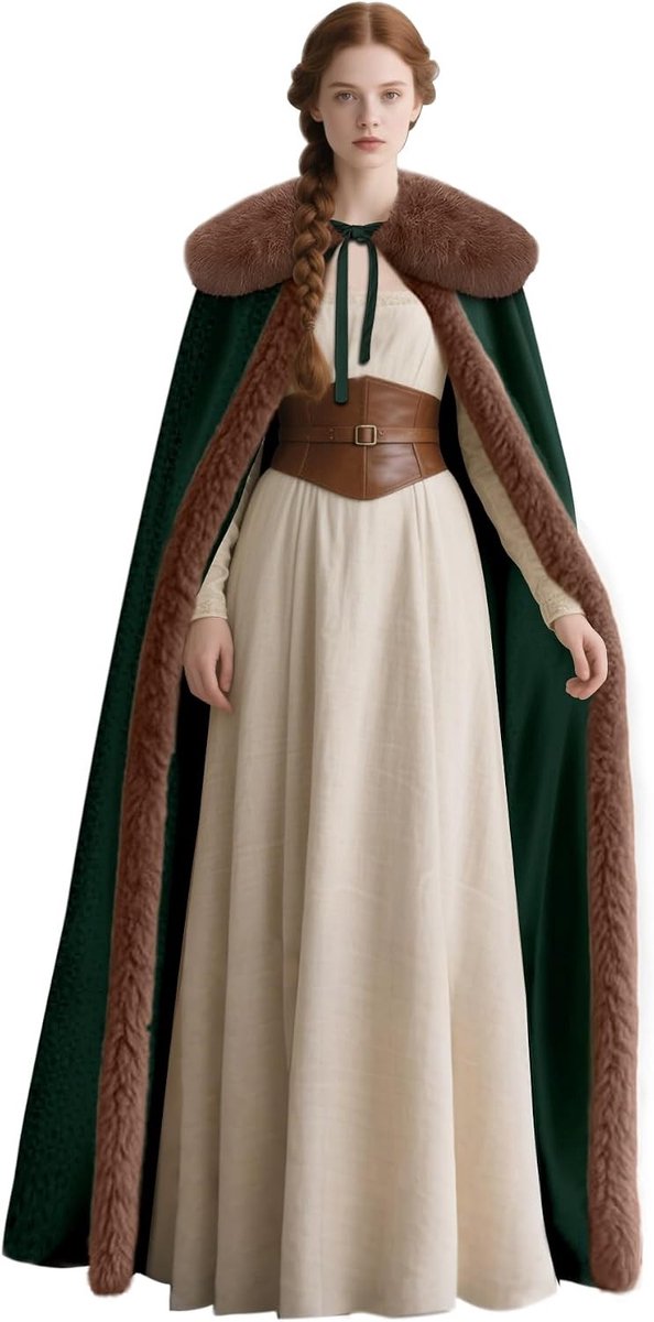 Renaissance Fluwelen Cape met Viking Bontkraag voor Dames Halloween Kostuum en Feestkleding