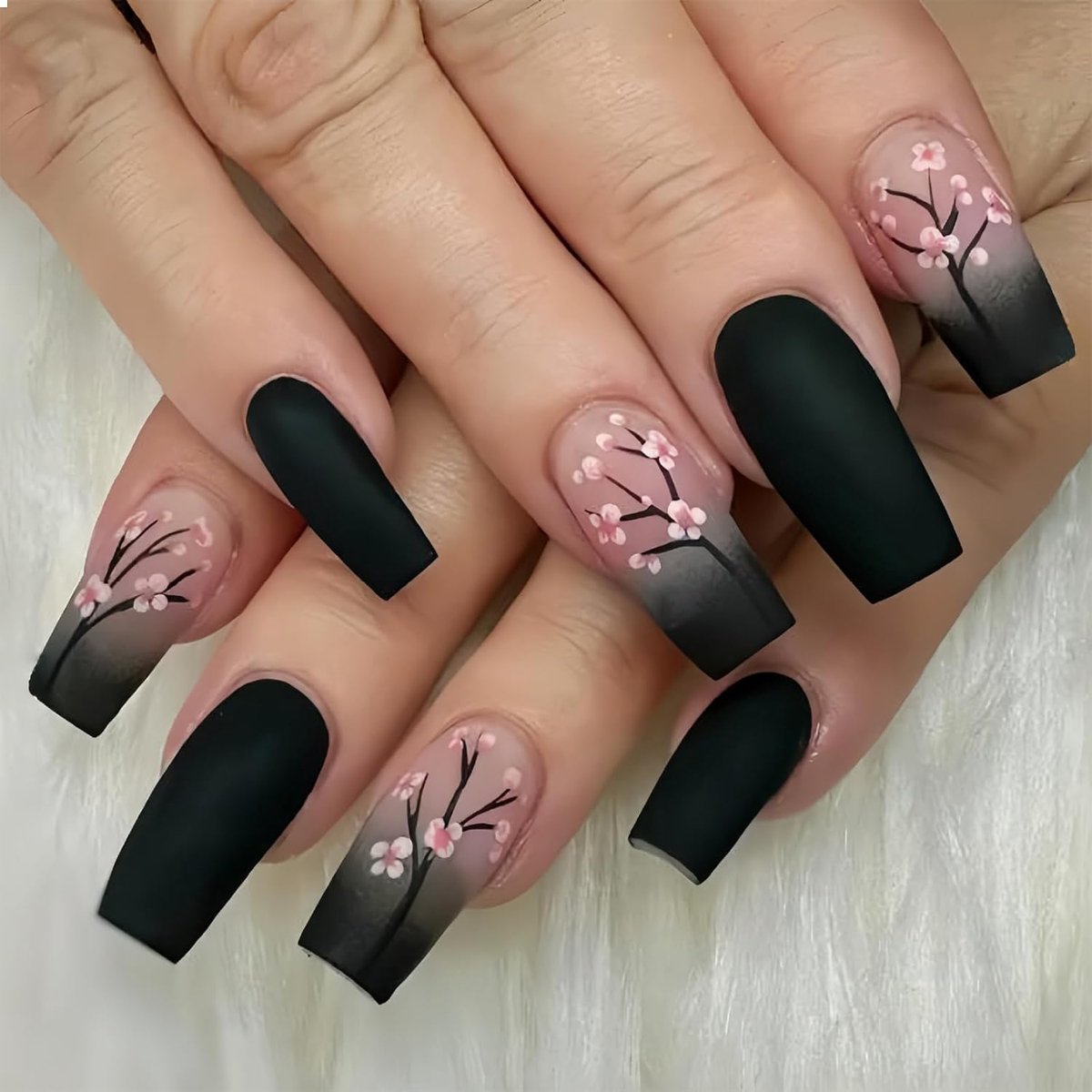 24 stuks zwarte press-on nagels, middellange vierkante valse nagels, roze bloemen, acryl-lijm, volledige afdekking, glanzend, press-on nagels, middellange lengte