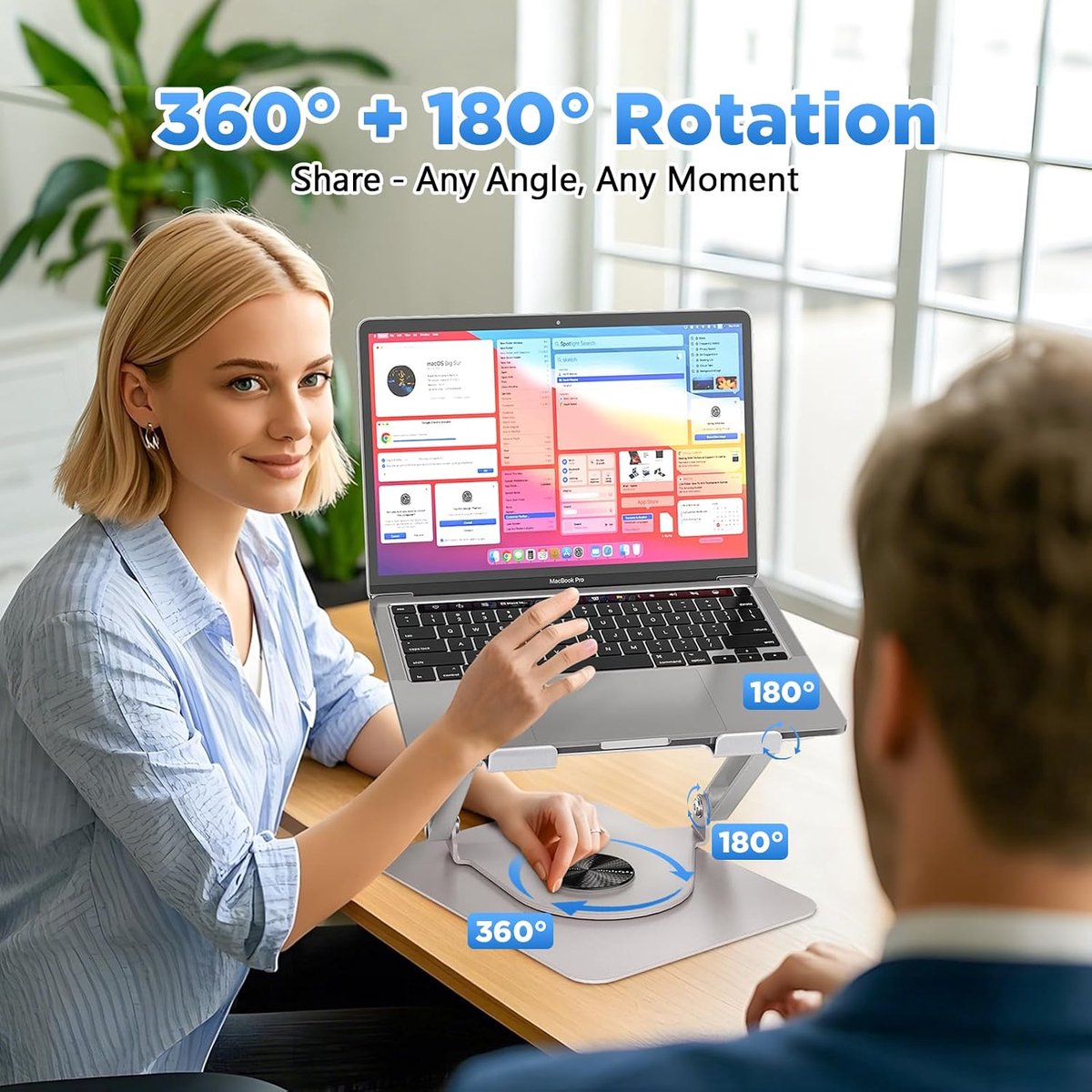 Laptopstandaard met Magnetische RGB Laptopkoeler, 360° Draaibaar, 10 kg Draagkracht en 18 dB Stil, Houder voor Laptops en Tablets tot 16", Zilver