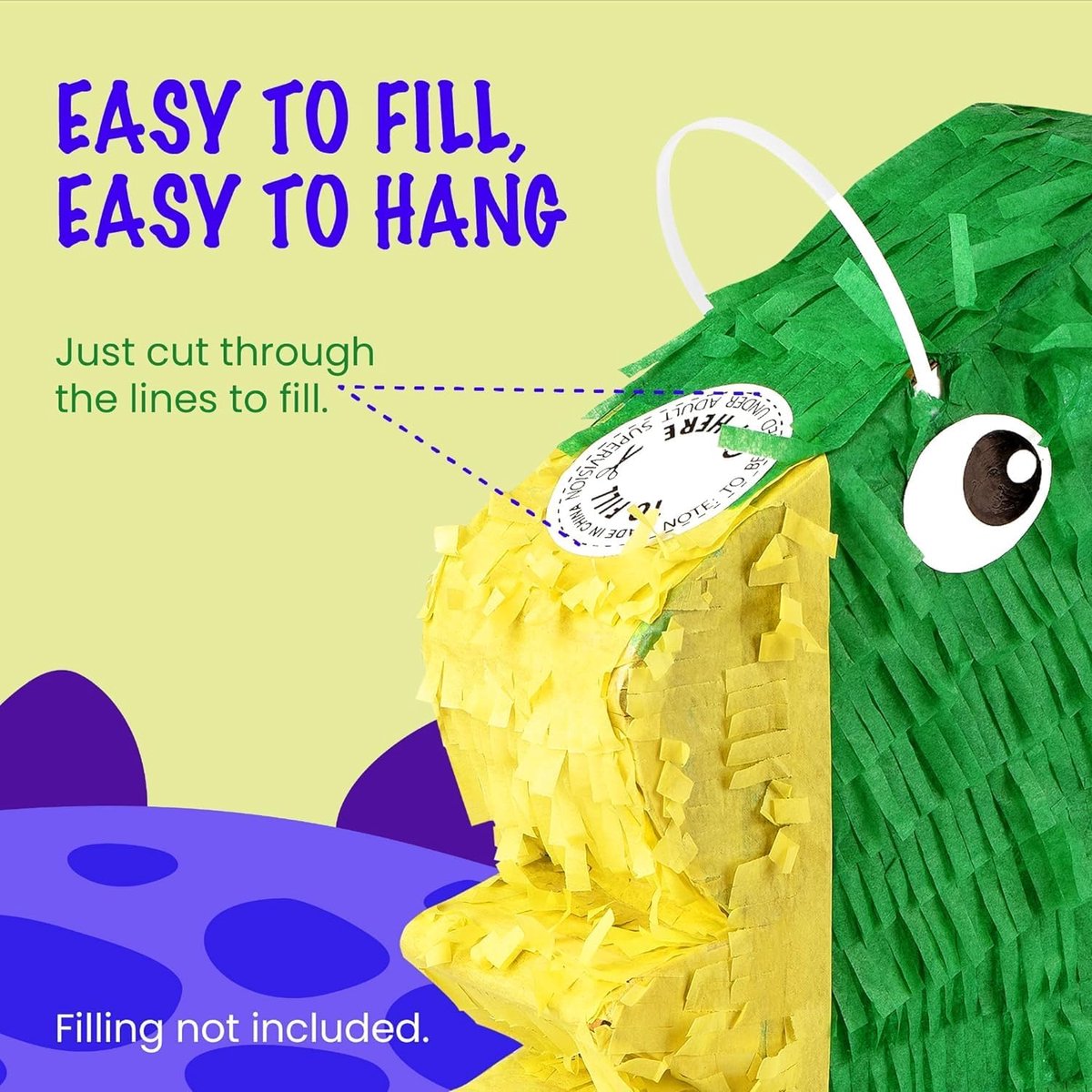 Pinata-set met blinddoek en stok, Pinjatta dino om op te hangen, ideaal om te vullen, voor kinderen, perfect voor verjaardag, spellen, plezier, bruiloft decoratie (44 x 32 x 8 cm)