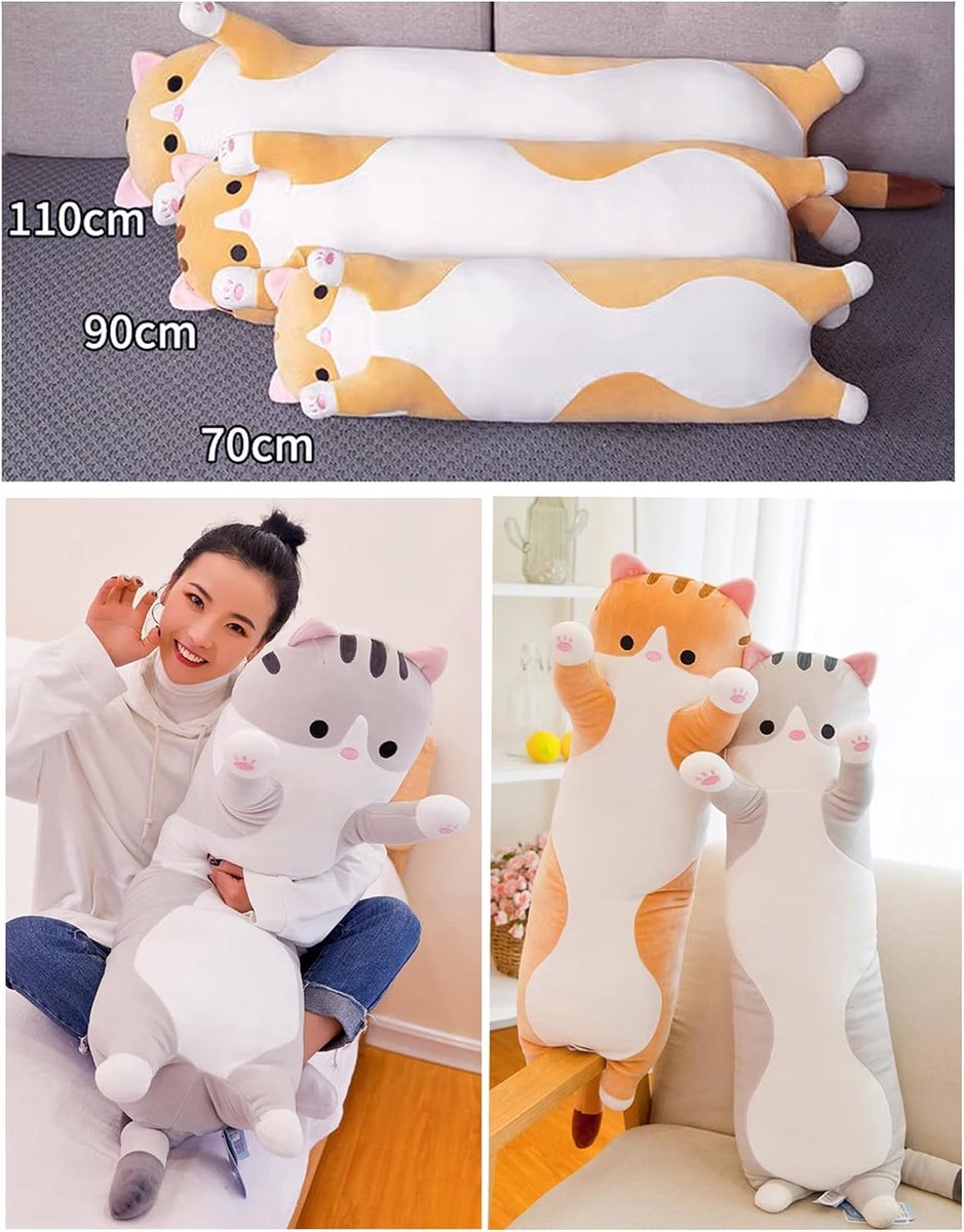 knuffeldier, knuffeldier, kat, lang kussen, enorme XXL, Kawaii groot pluche kat, schattig zijslaapkussen, kat (geel, 70 cm)
