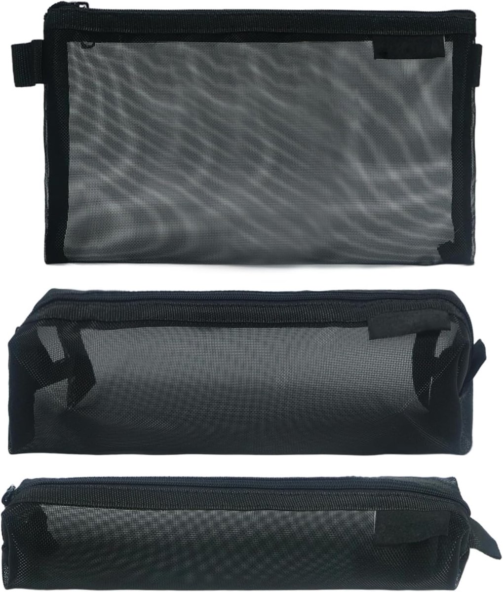 SnelShoppen - 3-delige Zwarte Pennenzak Set, 20cm Grote Pennenzak Transparant, Draagbare Pennenzak voor Tieners, Make-up Tas, School, Reis