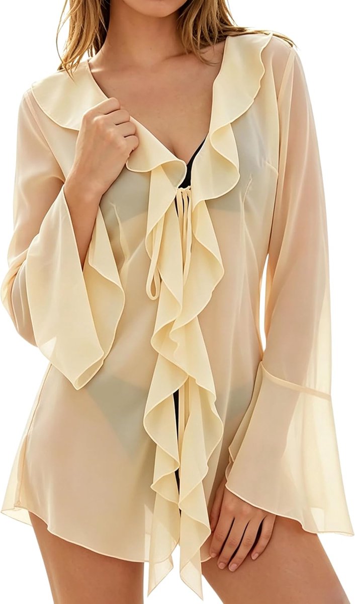 Badpak voor dames, zee, blouse van transparant chiffon, V-hals, met ruches, sexy bikini voor de zomer