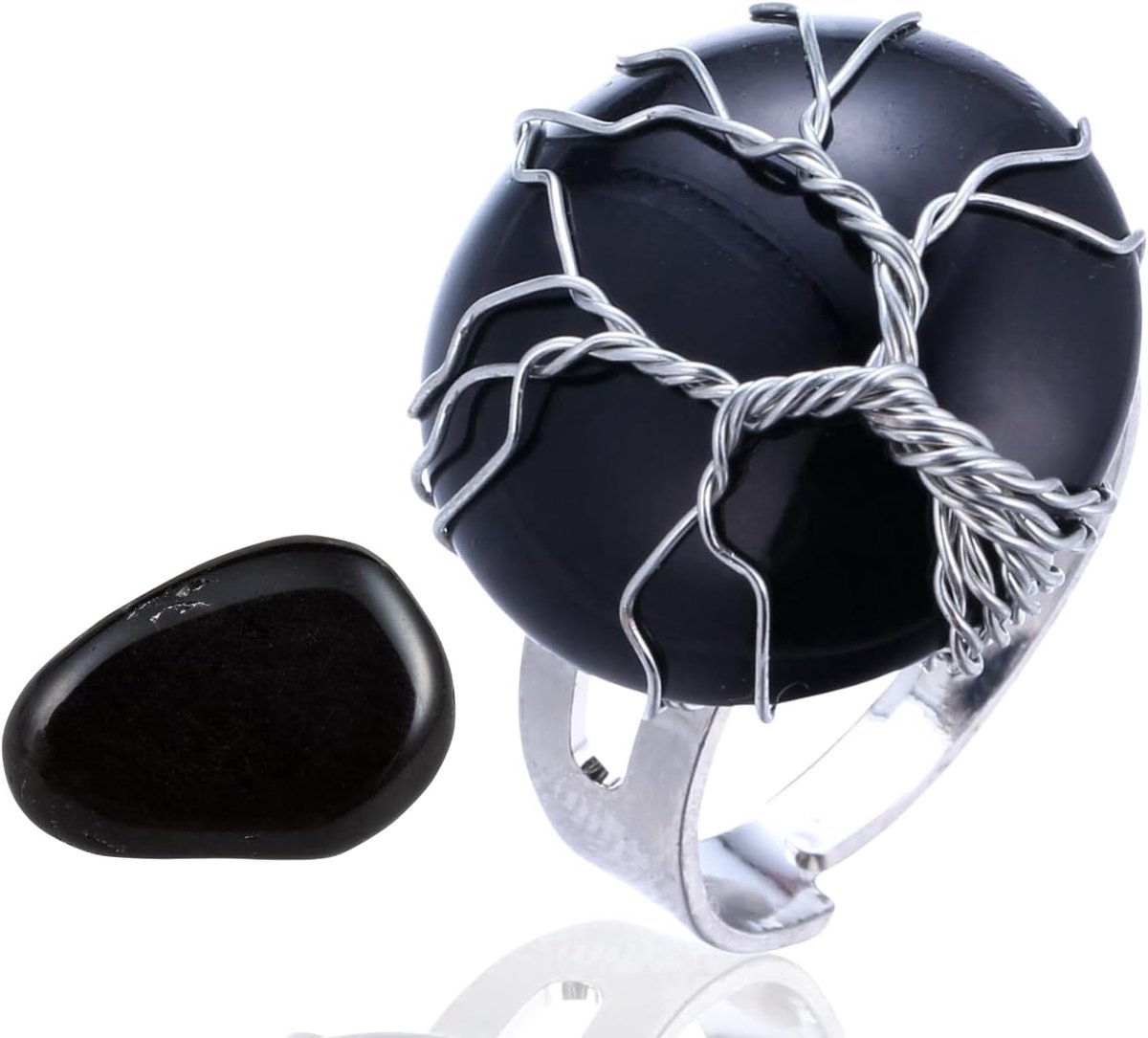 Ring van natuursteen en kristal - maanliefde - handgemaakte platina boom des levens draad, volmaan vorm van natuurlijk kristal, verstelbare maat, cadeau voor haar