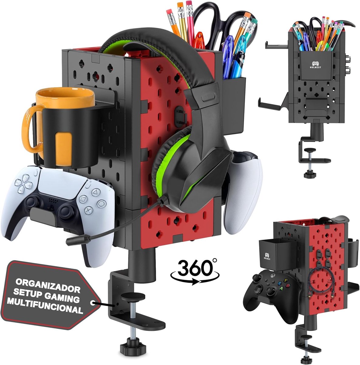 SnelShoppen - Headset Houder met Rotatie voor Controllers en Accessoires - Gaming Bureau Organisatie - Multifunctionele Desk Accessoires - Zwart en Ro