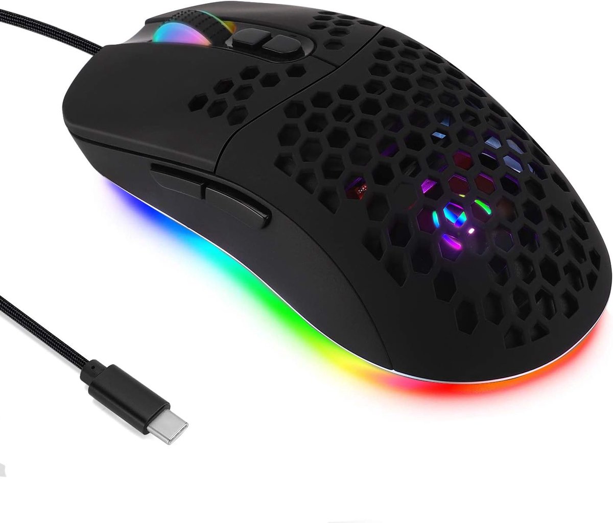 USB C gaming-muis, lichte honingraatschaal, 7200DPI, RGB-lampen voor Apple MacBook, computers of laptops met type C-poort, mat zwart