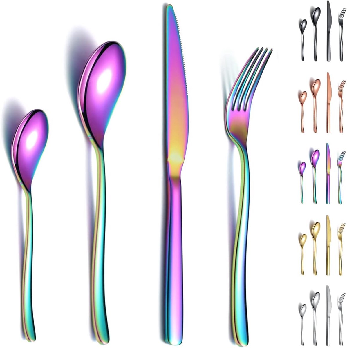 Rainbow Bestekset, 24-delig, stabiel roestvrij staal, titanium, kleurrijk, bestekset, roestbestendig, vorken en lepels, vaatwasmachinebestendig