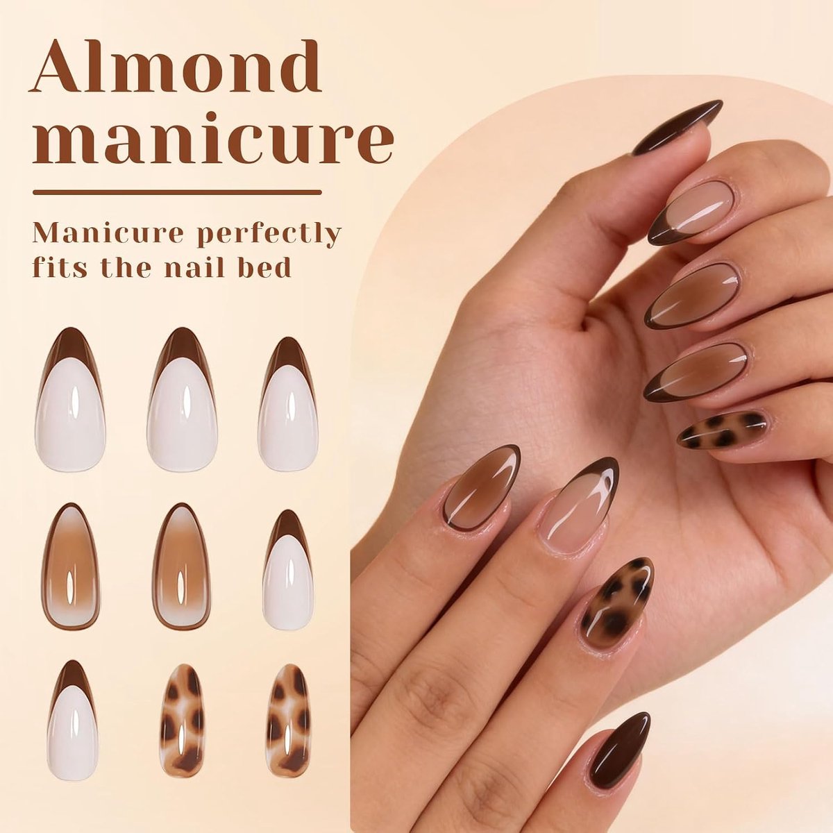 Press on nagels, korte nepnagels met luipaardprint, glanzend bruin, om op te plakken, Franse tip nagels met gel lijm, bruin acryl, volledige dekking, 24 stuks