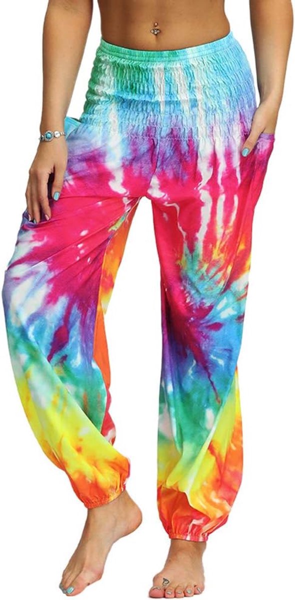 Thaise hippiebroek voor dames, boho, vintage, patroon, gesmokte taille met zakken, lichte yogabroek