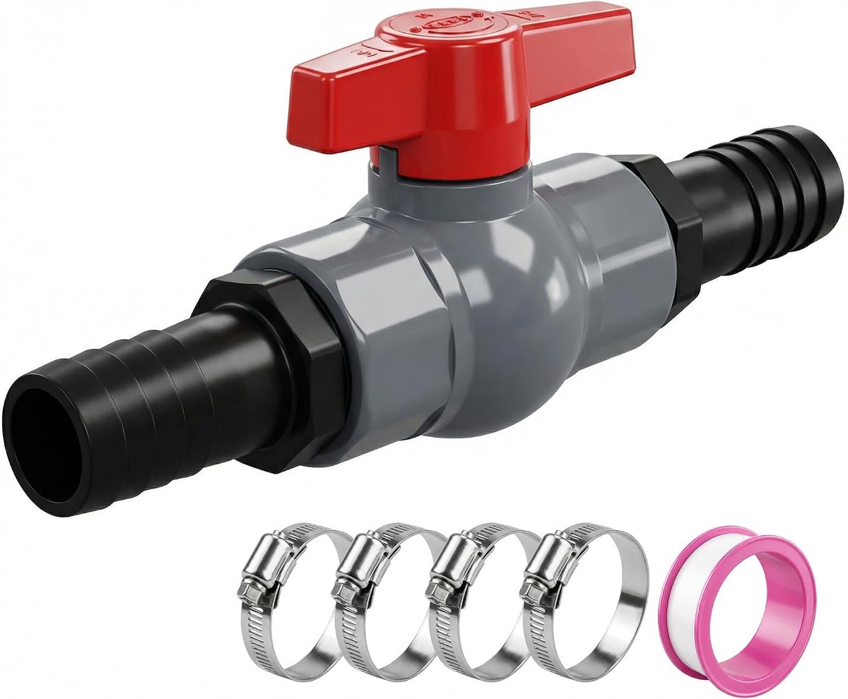 1 inch Kogelkraan met Slangaansluiting, 32 mm PVC Kogelkraan, Afsluitkraan, Zwembad Afsluitkraan Incl. 1 afsluitklep Binnendraad 1" (32 mm) en 2 slangtules 25 mm