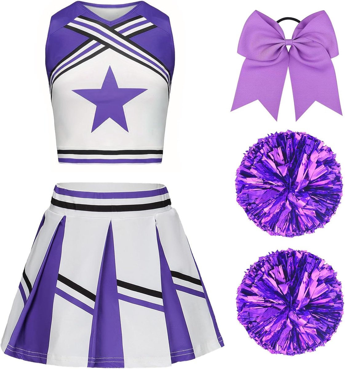 Cheerleader-kostuum voor kinderen, cheerleader-kostuum, jurk voor meisjes, cheeruniform met pompons en hoofdtooi, cheerleader-outfit, voor carnaval, Halloween, carnaval