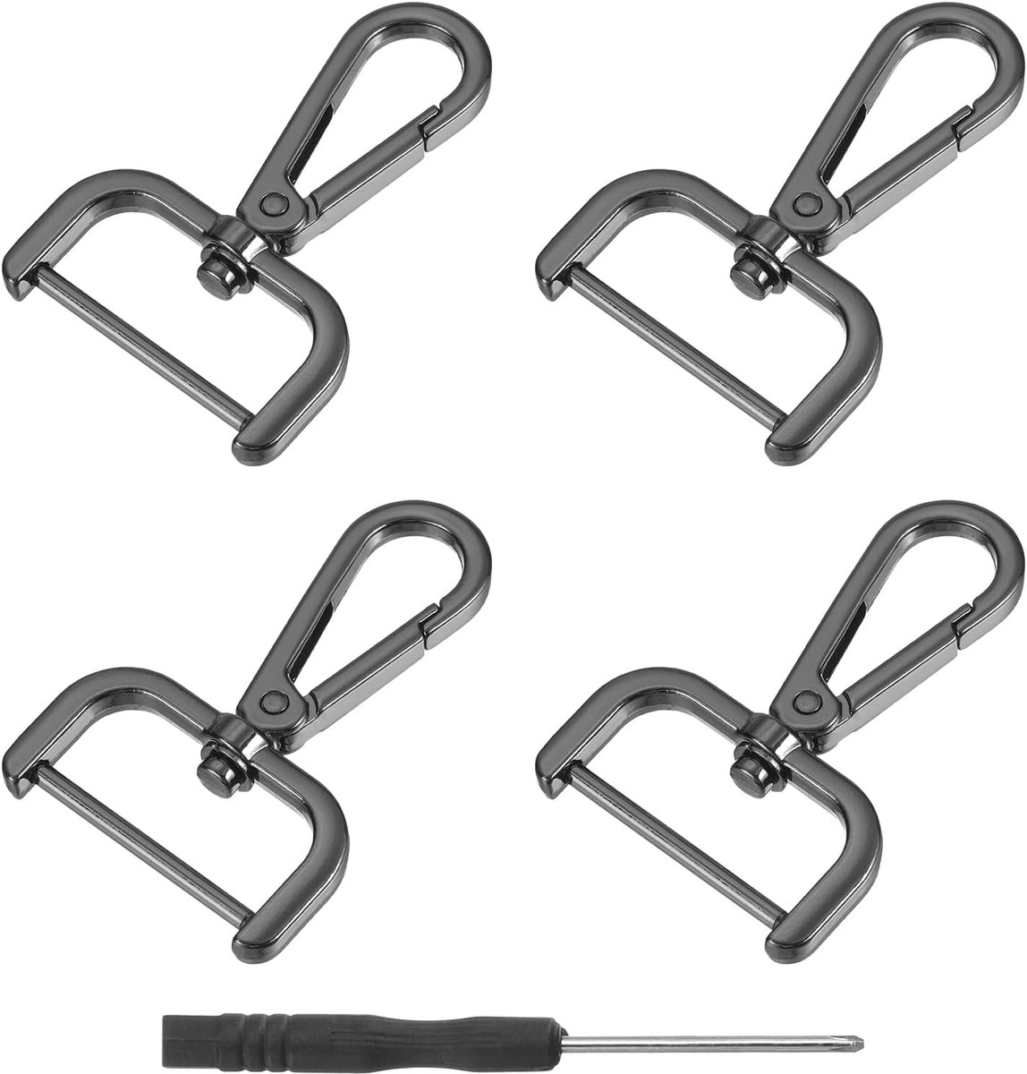 4 draaibare haken met karabijnhaak, 32 mm, draaibare sluiting van metaal, D-ring met afneembare kliksluiting van metaal met schroevendraaier voor het maken van sleutelhangers, zwart