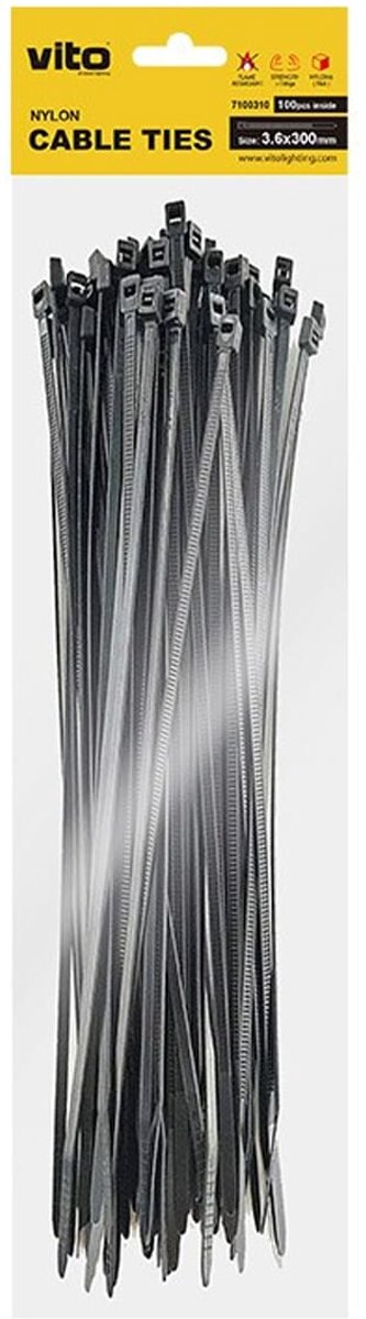 VITO Kabelbinder 3.6x300mm - Zwart - Met UV-bescherming - 100 stuks - duurzame Kunststof Kabelklem - Voor buitengebruik