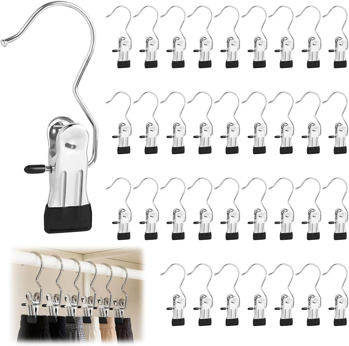 Wasknijpers, roestvrij staal, zwart, 360° draaibare metalen klemmen, antislip, klemhaak, haak voor kleding, broeken, schoenen, laarzen, handdoek, robuuste metalen klemmen voor binnen en