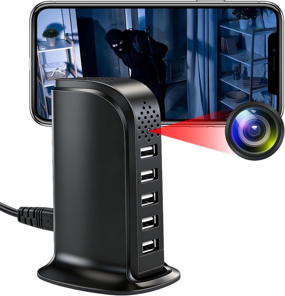 Spionagecamera, oplaadhub 5-in-1, mini-spionagecamera, draadloos, wifi 2,4 G & 5 GHz, 1080p HD, met bewegingsdetectie en onmiddellijke waarschuwingen voor thuis en op kantoor