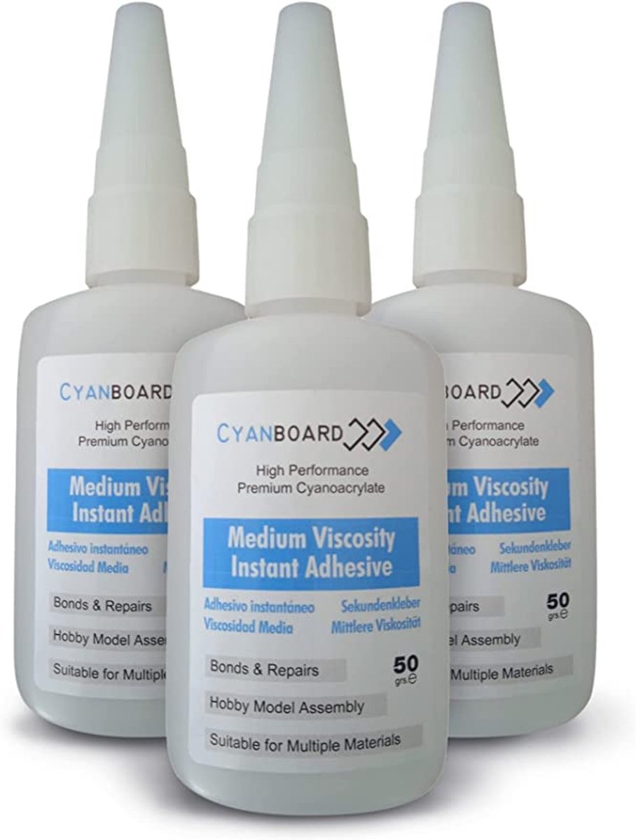 SnelShoppen - Cyanboard Secondelijm Extra Sterk 3 x 50 Gram, Middelviscositeit Cyanoacrylaat Lijm, Transparante Vloeibare Knutsellijm voor Modelbouw e