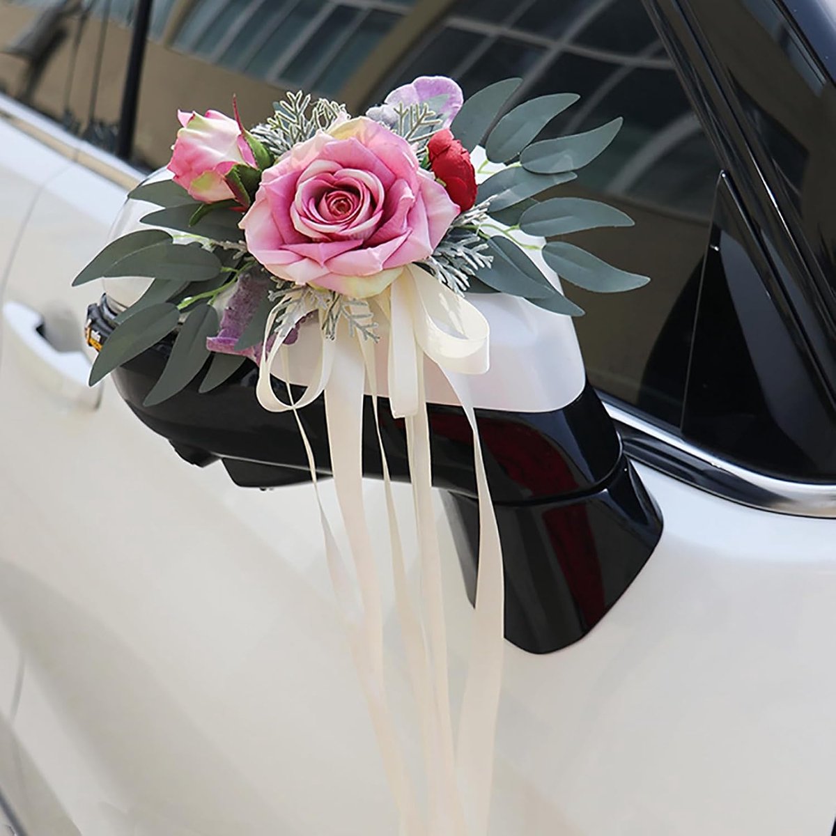 Strikken, bruiloftsauto's, bruiloftsauto's, strikken voor autoachteruitkijkspiegel, bruidsauto, verjaardagsfeesten en andere decoraties, roze