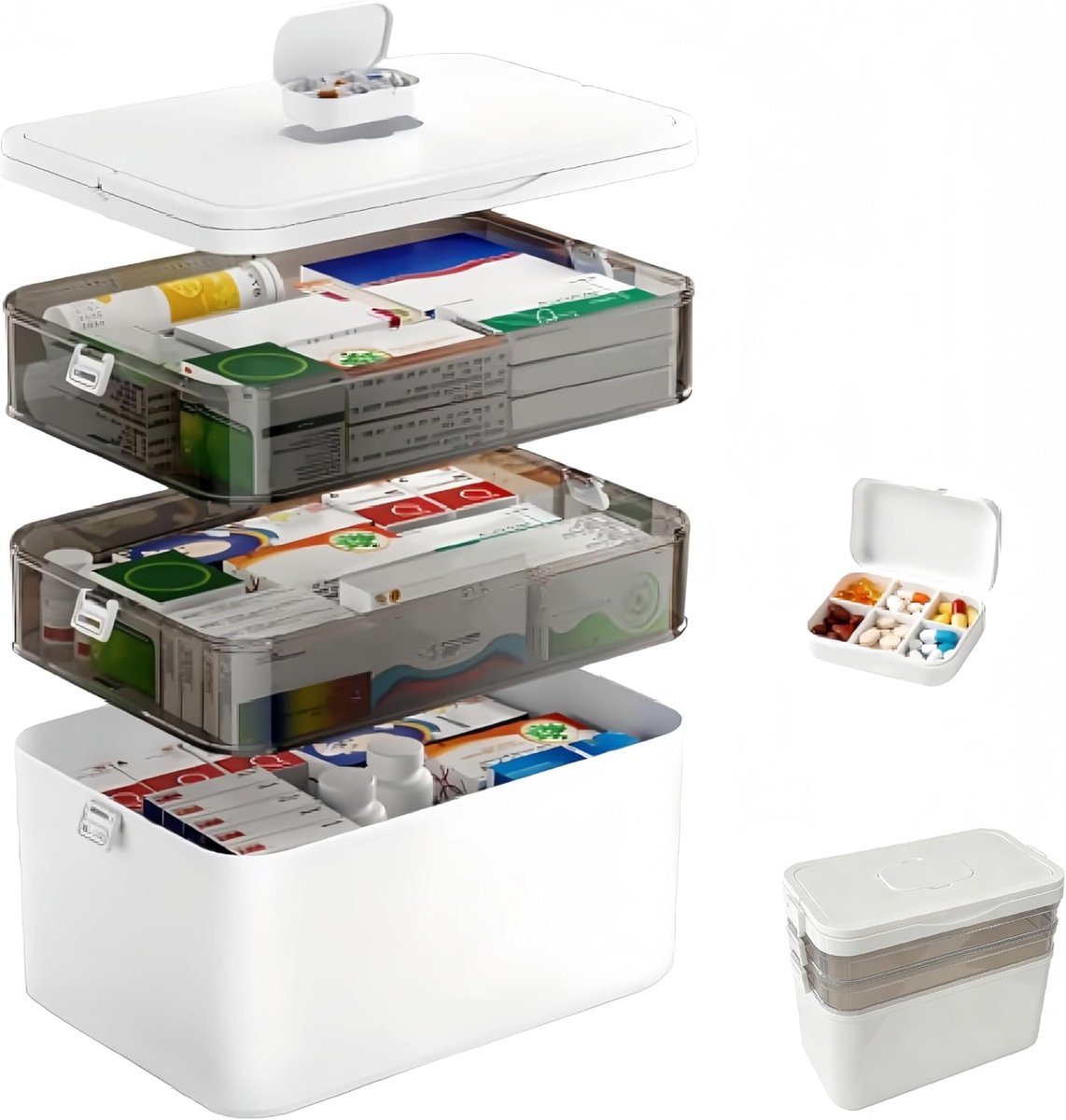 Medicijnbox met 3 verdiepingen met draaggreep, witte huisapotheek, medicijnenopbergdoos met verwijderbare vakken, ideaal voor huishouden, reizen en kantoor, grote EHBO-doos (31 x 16,5 x 25,5 cm