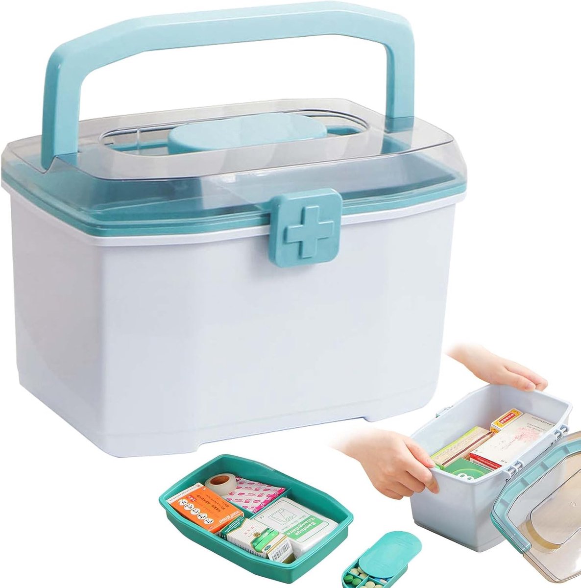 Dubbellaagse medicijnbox, EHBO-doos, 21 x 15 x 14 cm, medicijnopslag met classificatieveld en draaggreep, medicijnbox, huisapotheekbox, medicijnkoffer, medicijnkoffer, medicijnorganizer