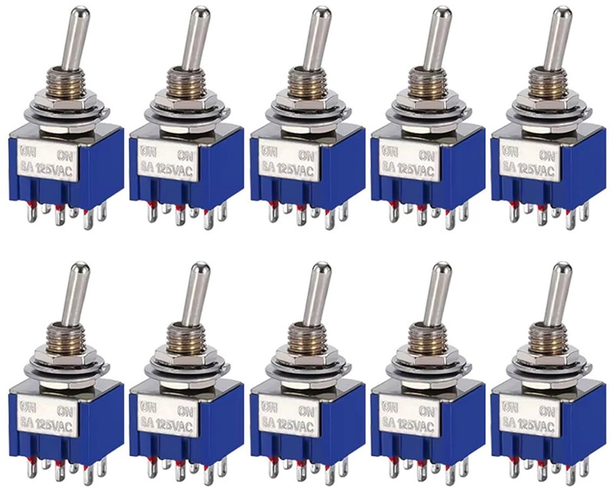 Schakelaar, 10 stuks, AN/AN 6 pins, 2 posities, AC 125V/6A, MTS202 DPDT tuimelschakelaar