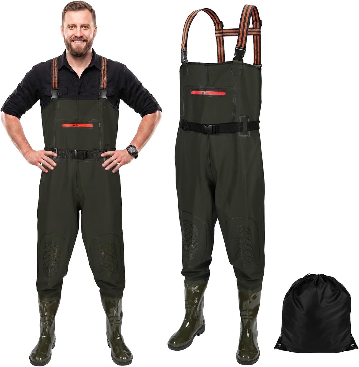 Borstwaadlopers met laarzen, uniseks, vissteltlopers, waterdichte bootfoot dijwaadvogel met verstelbare bretels, borstbroek, overall met laarzen, set lichtgewicht broekpak voor karper, grove