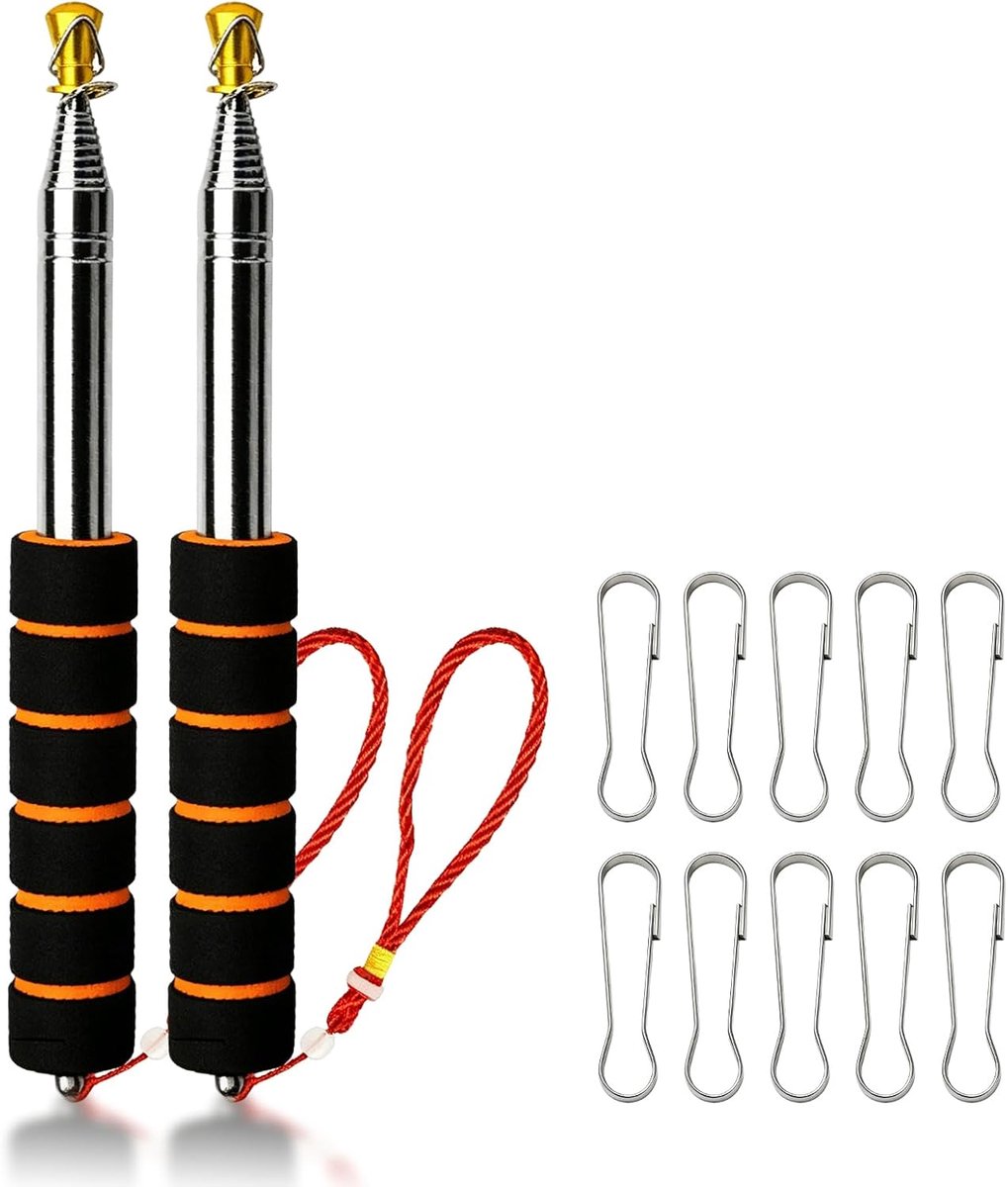 2 stuks telescopische vlaggenmast, 3 m, handheld roestvrij staal met antislip handgreep en clip, voor kamperen, reizen, festivals, wedstrijden, reisgids