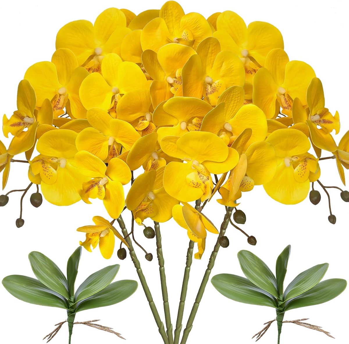 Kunstmatige Phalaenopsis-bloemen, 32 inch, 4 stuks met 2 bundels, bladeren, kunstmatige orchideebloemen, stengelplanten voor huisdecoratie (geel)