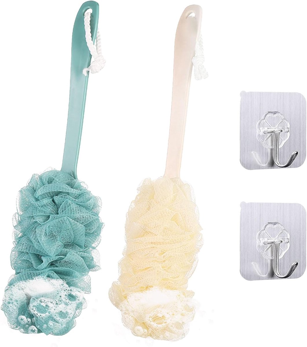2 stuks rugborstel scrubber douche-loofah voor mannen en vrouwen lange steel badborstel douche-lichaamsborstels met badnet spons zacht gaas voor exfoliëren en verwijderen van dode huid (blauw