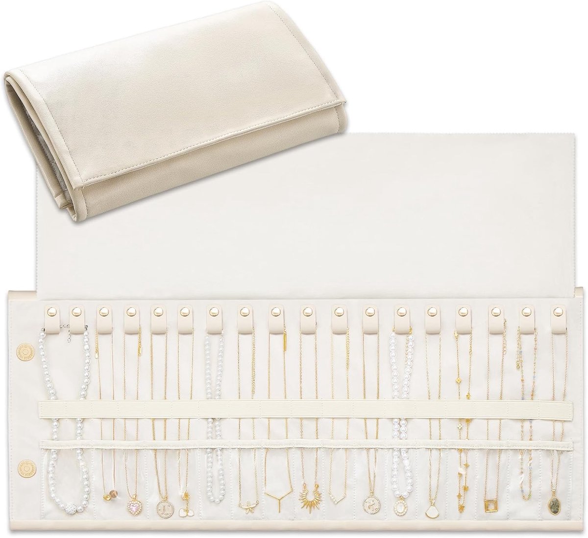 Halskettingorganizer, sieradenrol, knoopvrij etui voor halskettingen, opvouwbare leren roltas voor het opbergen van halskettingen, kettingen en armbanden, beige, 18 sleuven