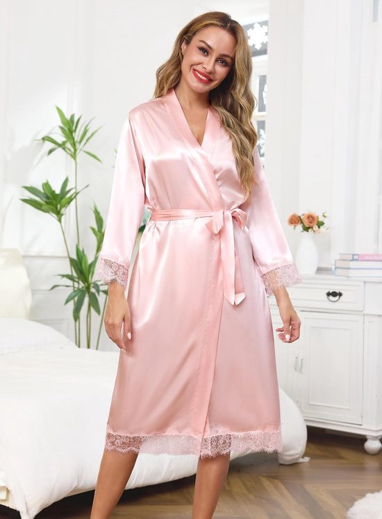 Satijnen badjas voor dames, zomer, lange mouwen, kant, kimono — afbeelding 5