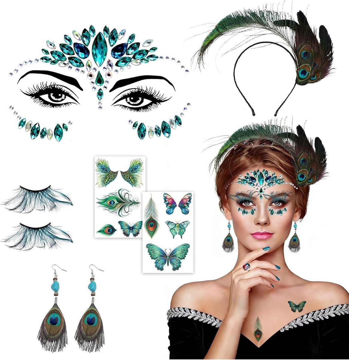 Pauwenkostuum voor dames, met pauwenveren, haaraccessoires