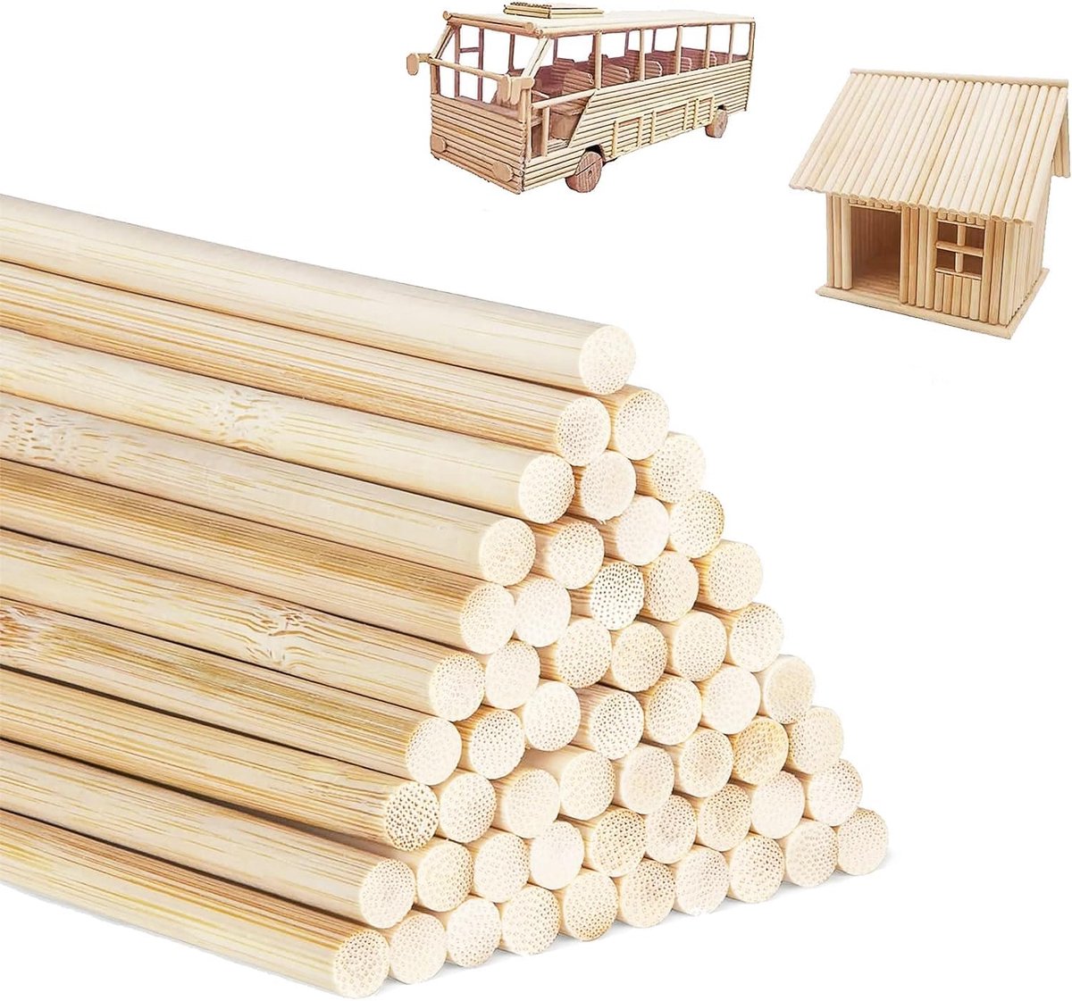 Houten stokjes om te knutselen, ronde suikerspinstaven, 100 stuks, 6 mm x 30 cm, ronde houten stok voor houtbewerking, kunstprojecten, decoraties en doe-het-zelf (6 mm x 30 cm)