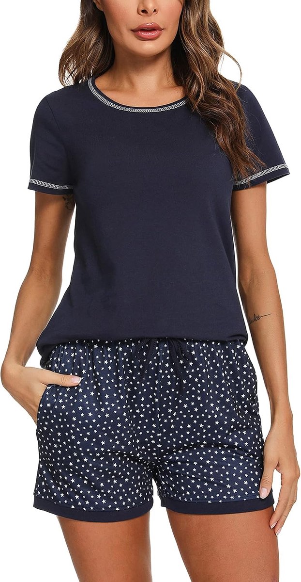 Damespyjama-set met korte mouwen, katoen, bedrukt, loungewear, zachte nachtkleding, lichtgewicht, met zakken, Donkerblauw, L