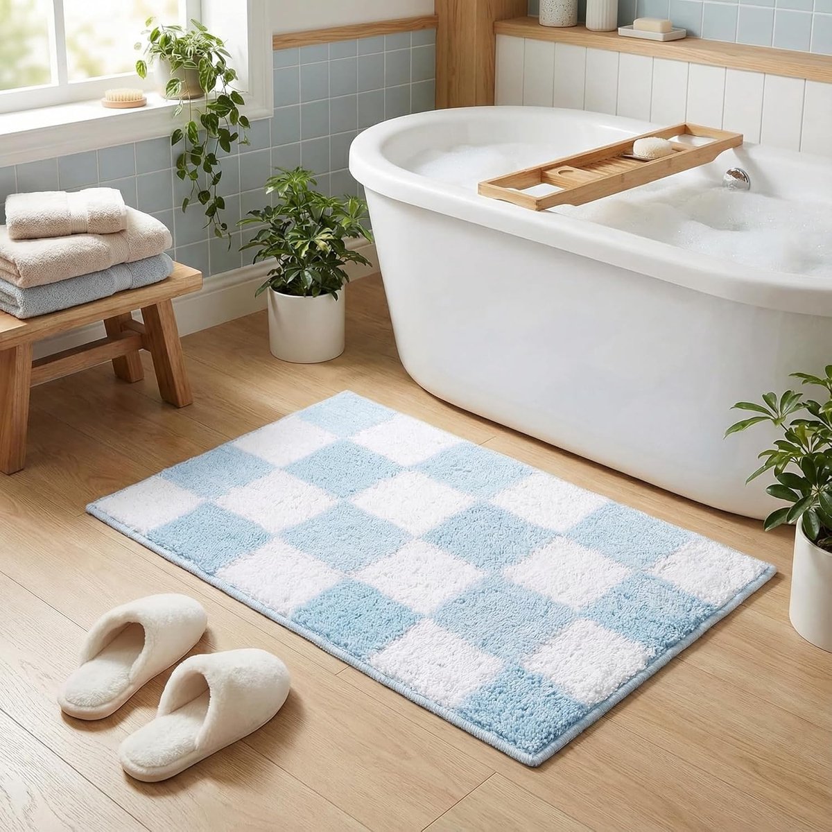 SnelShoppen - Badmat 40x60cm Plaid Blauw - Antislip, Wasbare, Super Absorberende Badkamer Mat, Pluche Zachte Vloermat voor Decoratie