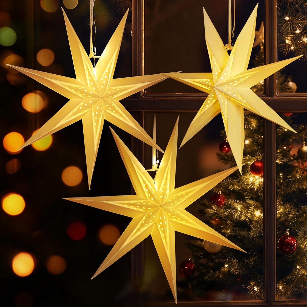 Set van 3 papieren sterren, wit, 30 cm, vouwster, verlichte kerstdecoratie, 7 punten, vouwsterren, lichtketting, feestdecoratie voor Kerstmis, bruiloft, verjaardag, tafeldecoratie